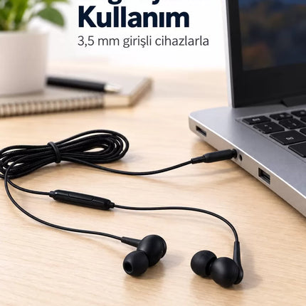 Silikon Uçlu Mikrofonlu Siyah Kablolu Kulak İçi Kulaklık
