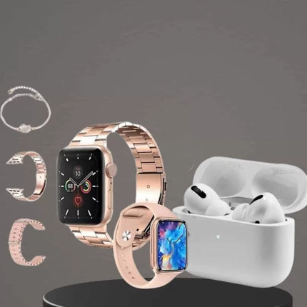 3 Kordonlu Pembe Amoled Ekran Akıllı Saat ve Yeni Nesil Pro Kablosuz Bluetooth Kulaklık ANC/ENC