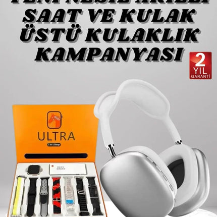 Kulak Üstü P9 Kablosuz Bluetooth Kulaklık ve 7 Kordonlu Akıllı Saat