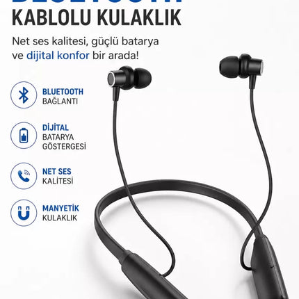 Dijital Batarya Göstergeli Bluetooth Özellikli Boyun Askılı Kulaklık