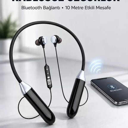 Mikrofonlu Boyun Bantlı Bluetooth Kulaklık Kablosuz Bağlantılı Ses ve Müzik Kontrollü Kulak İçi Kulaklık