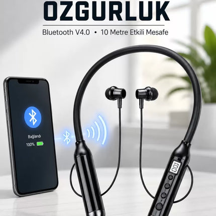 Kablosuz Bluetooth Boyun Kulaklığı 10 Metre Menzilli Mikrofonlu Ses Kontrollü Uzun Kullanım Süreli Kulak İçi Kulaklık
