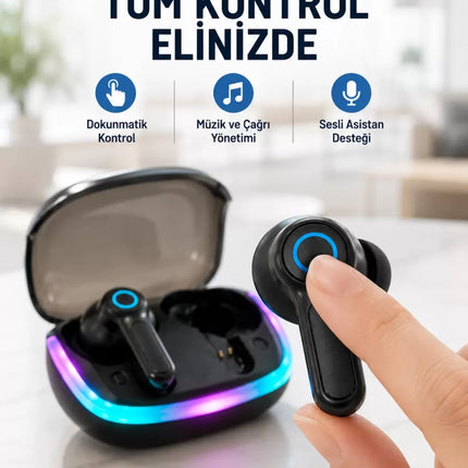 Bluetooth 5.4 TWS Kablosuz Kulaklık Quad ENC Mikrofonlu RGB Şarj Kutulu HD Ses
