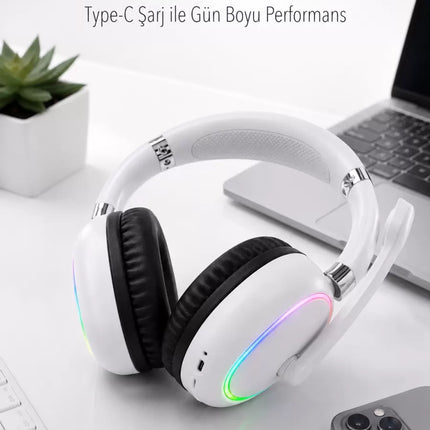 Beyaz Bluetooth 5.0 Mikrofonlu Kablosuz Kulak Üstü Kulaklık RGB Işıklı Type-C Şarjlı