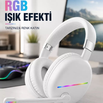 Bluetooth 5.0 Beyaz Kulak Üstü Kablosuz Kulaklık Mikrofonlu RGB Aydınlatmalı