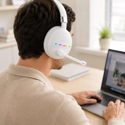 Bluetooth 5.0 Beyaz Kulak Üstü Kablosuz Kulaklık Mikrofonlu RGB Aydınlatmalı