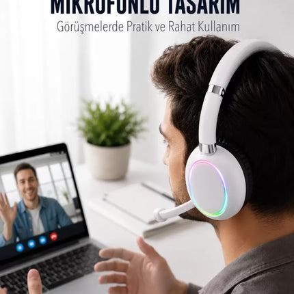 Bluetooth 5.0 Beyaz Kulak Üstü Kablosuz Kulaklık Mikrofonlu RGB Aydınlatmalı