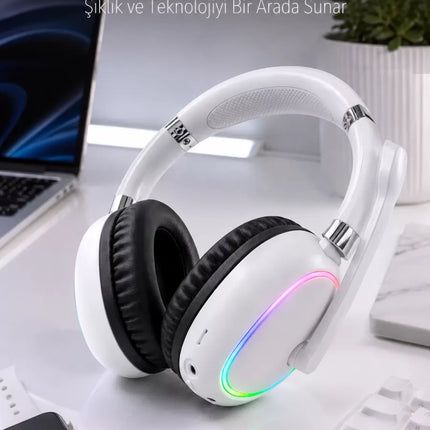 Kablosuz Bluetooth Mikrofonlu Beyaz Kulaklık  RGB Işıklı