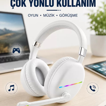 Beyaz Kablosuz Bluetooth Kulaklık Mikrofonlu Ergonomik Kulak Üstü Tasarım