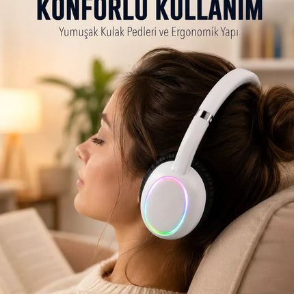 Beyaz Kablosuz Bluetooth Kulaklık Mikrofonlu Ergonomik Kulak Üstü Tasarım