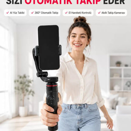 AI Yüz Takip Özellikli Gimbal Selfie Stick 360° Dönebilen Telefon Tutucu Uzayabilir Bluetooth Kumandalı