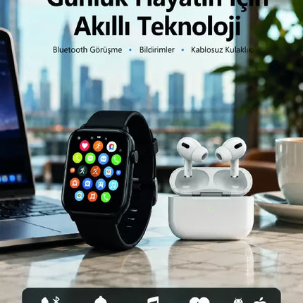 Bluetooth Arama Özellikli Akıllı Saat Seti Kablosuz Kulaklık Hediyeli, Android & iOS Uyumlu