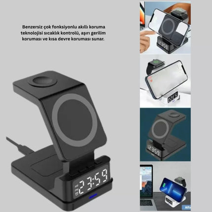 Kablosuz Şarj İstasyonu ve Dijital Saat – Apple Uyumlu, 3 Kademeli Işık Ayarı
