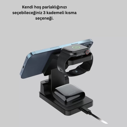 Kablosuz Şarj İstasyonu ve Dijital Saat – Apple Uyumlu, 3 Kademeli Işık Ayarı