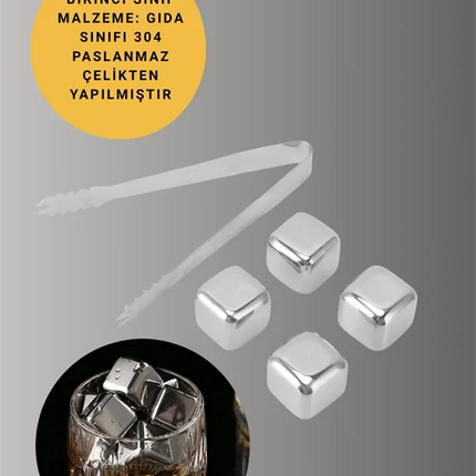 Yeniden Kullanılabilir 304 Çelik Metal Buz Küpleri 4'lü Set