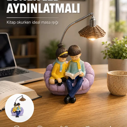 Okuyan Çift Figürlü Dekoratif Gece Lambası Hediye Seçeneği