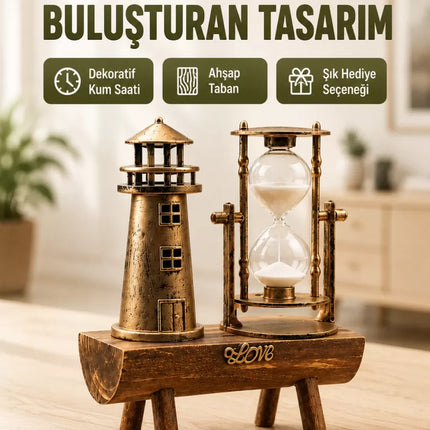 Vintage Kum Saati + Deniz Feneri Modeli – Ahşap Gövdeli Masa Üstü Dekor Yeni Nesil