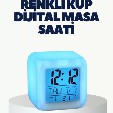 Termometre ve Takvim Özellikli 7 Renk Değiştiren Küp Alarm Saati