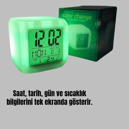 Termometre ve Takvim Özellikli 7 Renk Değiştiren Küp Alarm Saati