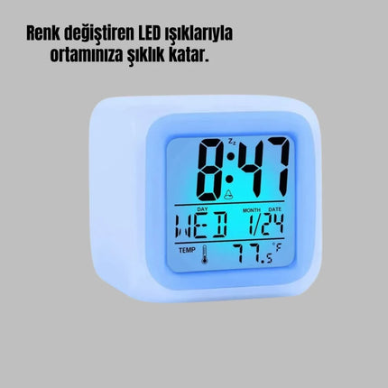 Renk Değiştiren LED Alarmlı Dijital Küp Masa Saati