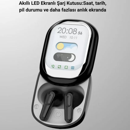 Akıllı Ekranlı Bluetooth 5.4 Kablosuz Kulaklık – Dokunmatik ve Şarj Kutulu