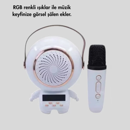 RGB Işıklı Astronot Bluetooth Hoparlör Karaoke Mikrofonlu