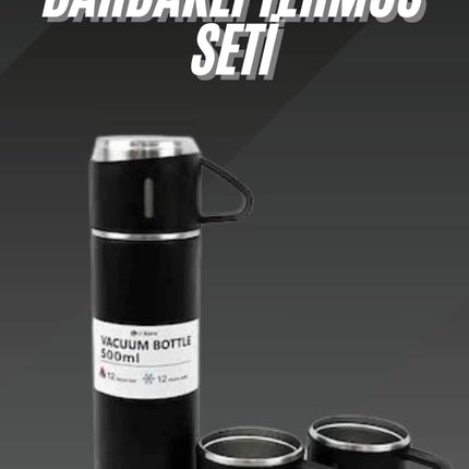 Termos Seti Paslanmaz Çelik 3 Bardaklı Vakumlu Termos Set 500 Ml 12 Saate Kadar Isı Koruma