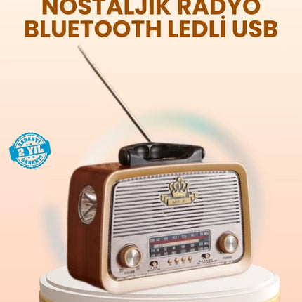 Eskitme Tasarımlı Ahşap Bluetooth Radyo LED Aydınlatmalı