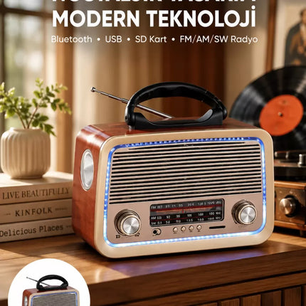 Nostalji Bluetooth Radyo FM AM SW Ahşap Eskitme Tasarım Yeni Nesil