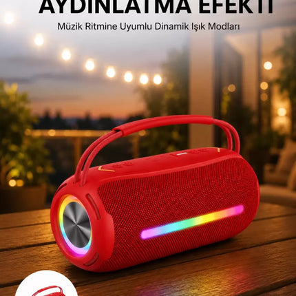 360 RGB LED'li Taşınabilir Bluetooth Hoparlör – Kırmızı, USB/TF Destekli