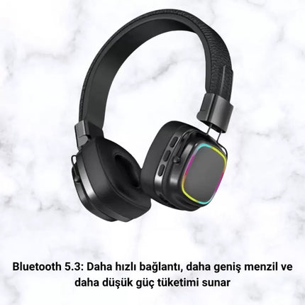 Bluetooth 5.3 Rainbow Işıklı Kulak Üstü Kablosuz Kulaklık Yeni Nesil