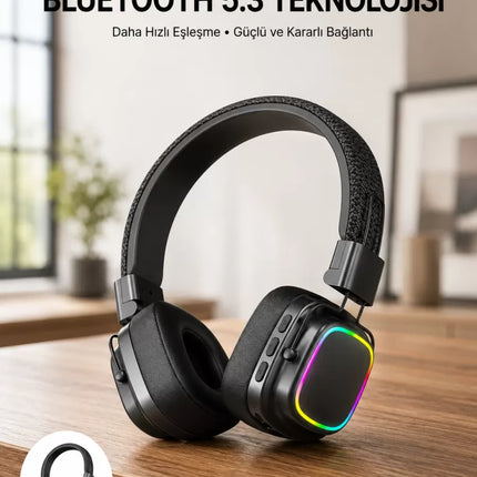 Renkli Işık Efektli Bluetooth 5.3 Müzik Kulaklığı Yeni Nesil