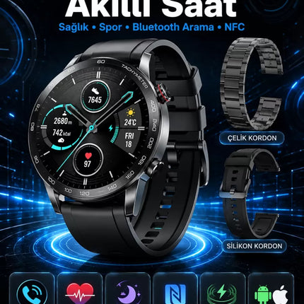 Suya Dayanıklı Dokunmatik Akıllı Saat Bluetooth 5.0, Sesli Asistan ve Sağlık Takibi