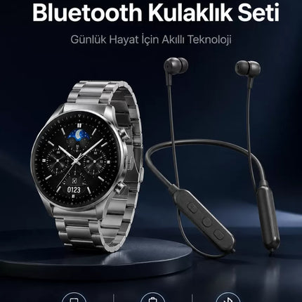 Alarm ve Titreşim Özellikli Akıllı Saat ve Mikrofonlu Kablolu Bluetooth Kulaklık 60 Saat
