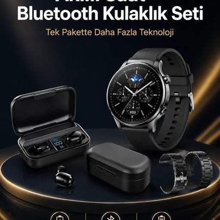 Kablosuz Bluetooth Kulaklık ve Kordon Hediyeli Akıllı Saat Nabız Ölçer Uzun Pil Ömrü