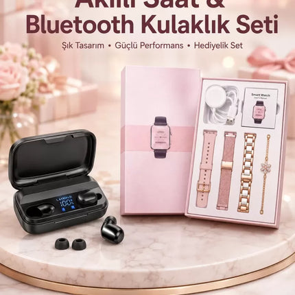 Wireless Şarjlı Pembe Akıllı Saat ve Kablosuz Bluetooth Kulaklık Dokunmatik Kontrol