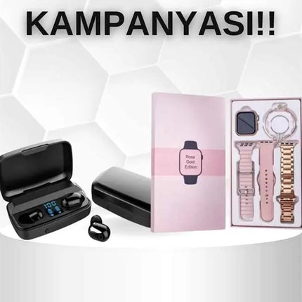Wireless Şarjlı Pembe Akıllı Saat ve Kablosuz Bluetooth Kulaklık Dokunmatik Kontrol