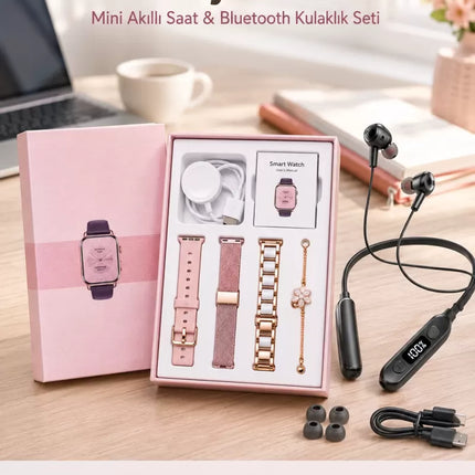 Kablolu Bluetooth Kulaklık ve Kadınlara Özel Bileklik Hediyeli Yeni Nesil Akıllı Saat 3 Kordonlu