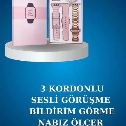 Kablolu Bluetooth Kulaklık ve Kadınlara Özel Bileklik Hediyeli Yeni Nesil Akıllı Saat 3 Kordonlu