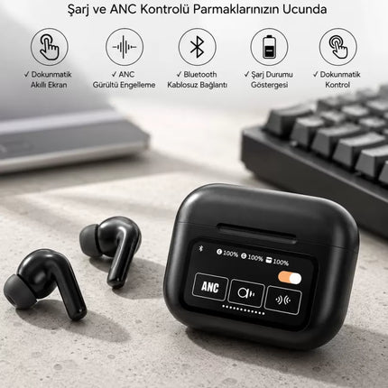 Kablosuz Bluetooth Kulaklık Ekranlı Uzun Şarj Süreli ANC Destekli