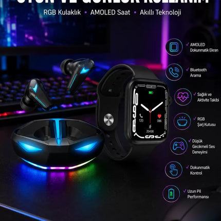 Yeni Nesil Akıllı Saat ve Kablosuz Kulaklık Kampanyası İkili Set Bluetooth Bağlantılı