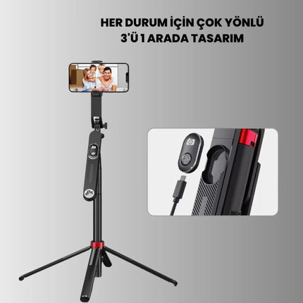 Tripodlu Selfie Çubuğu Uzaktan Kumandalı Canlı Yayın Uyumlu
