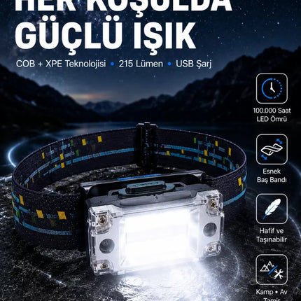 USB Şarjlı Mini LED KAFA Feneri 50m Odak 150m Geniş Aydınlatma Yeni Nesil