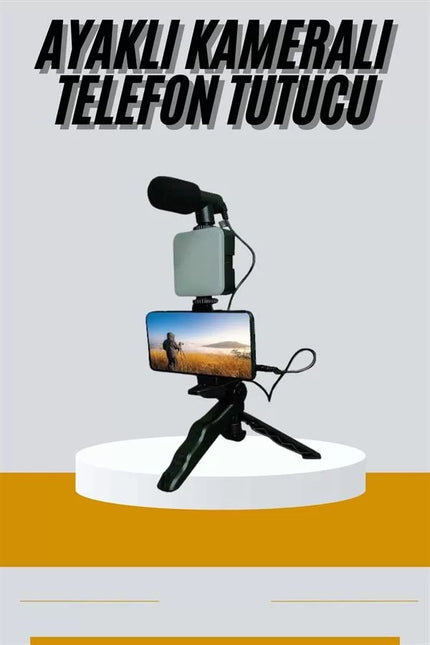 Tripod Telefon Tutucu Kumandalı Mikrofon Led Işık Vlog Video Kayıt