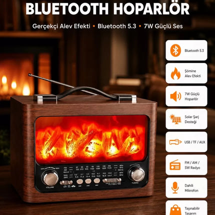 Solar Şarjlı Şömine Işıklı Bluetooth Hoparlör – Radyo, USB, TF Kart Destekli