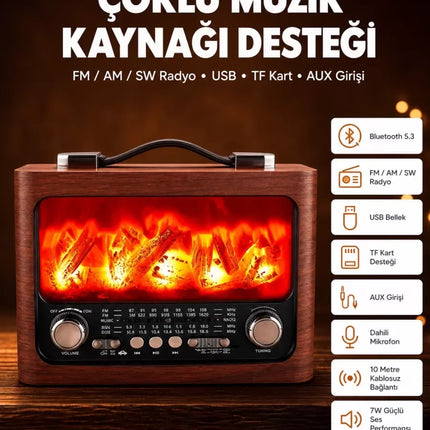 Solar Panelli Alev Işıklı Bluetooth Hoparlör – Çoklu Giriş, Uzun Pil Ömrü