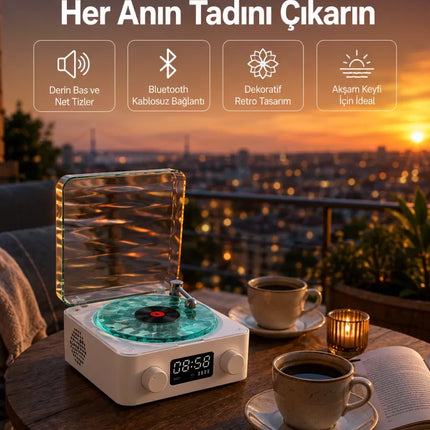 3-1 Kablosuz Bluetooth Hoparlör – Gece Lambalı, Saatli, Retro Tasarım