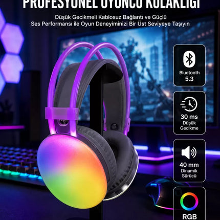 RGB Işıklı Yüksek Ses Kaliteli Kablosuz Kulak Üstü Bluetooth Kulaklık