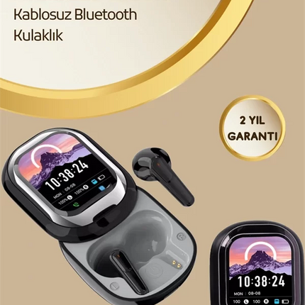Akıllı Ekranlı Bluetooth 5.4 Kablosuz Kulaklık – Dokunmatik ve Şarj Kutulu