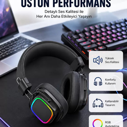 RGB Işıklı Katlanabilir Bluetooth 5.3 Kulak Üstü Kulaklık